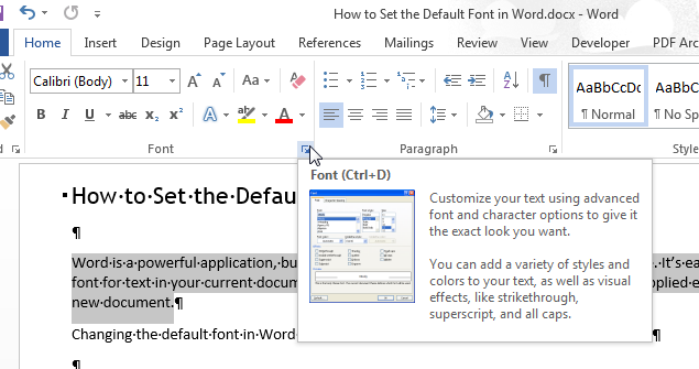 منوی فونت در ورد